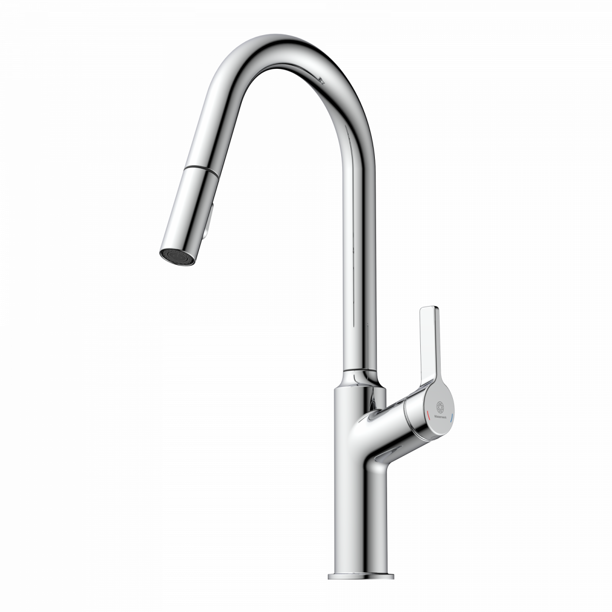 Okab, Kitchen faucet with curved spout and pull-down spray in chrome